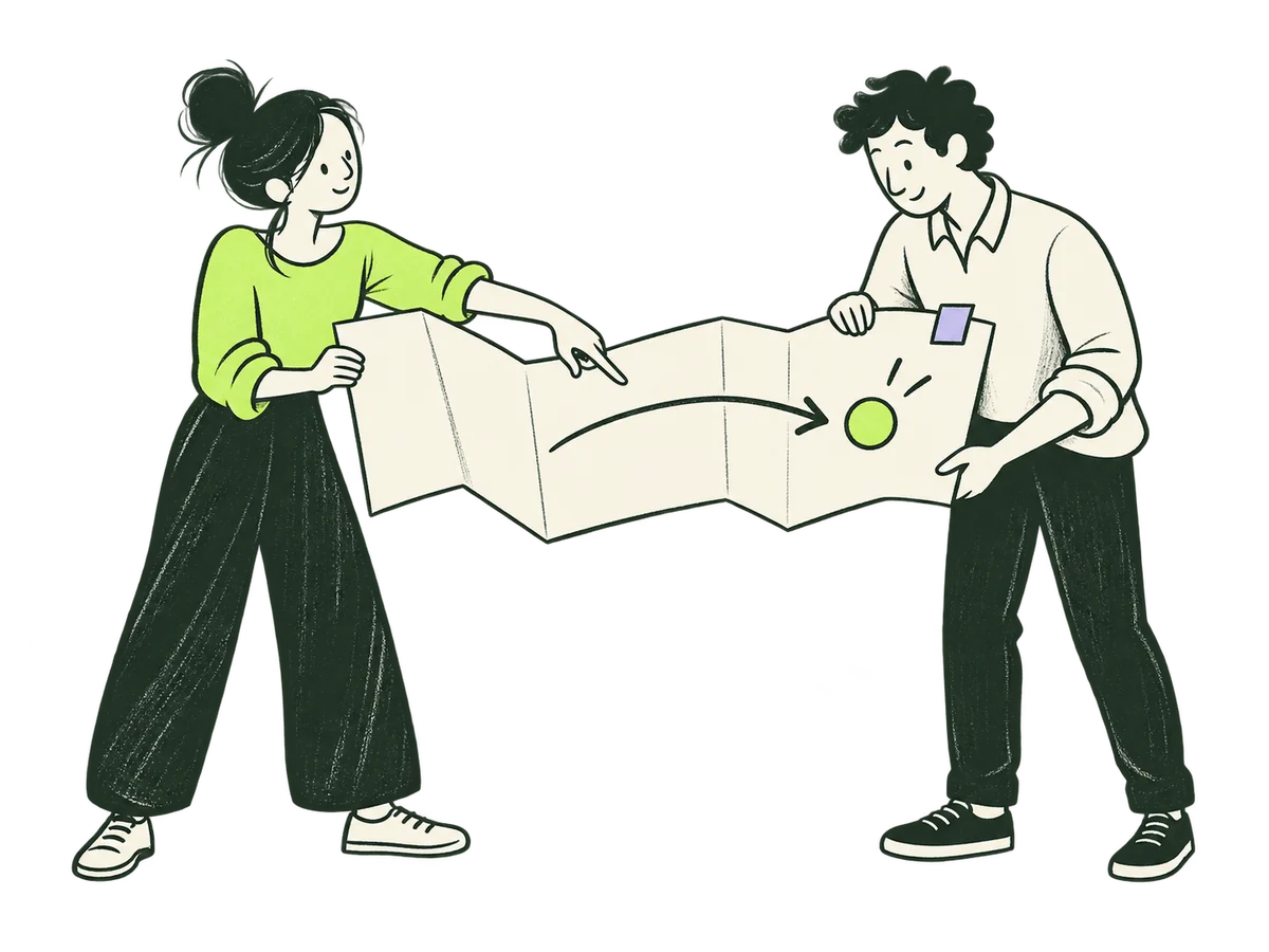 Two people unfold a route sheet and identify the next step together.